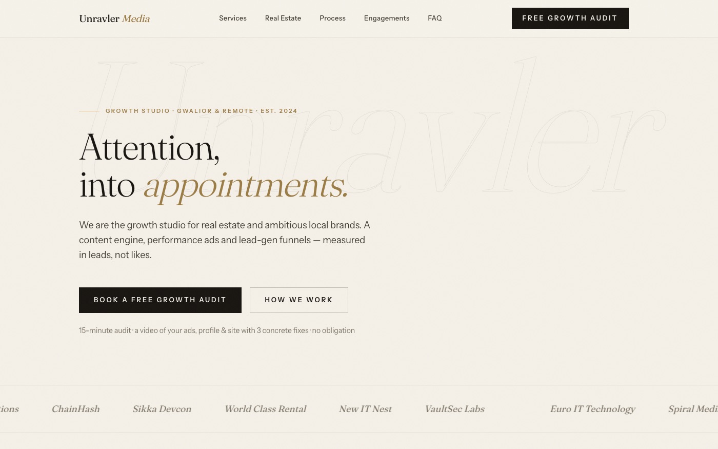 Unravler Media website, with its editorial growth-studio landing page.