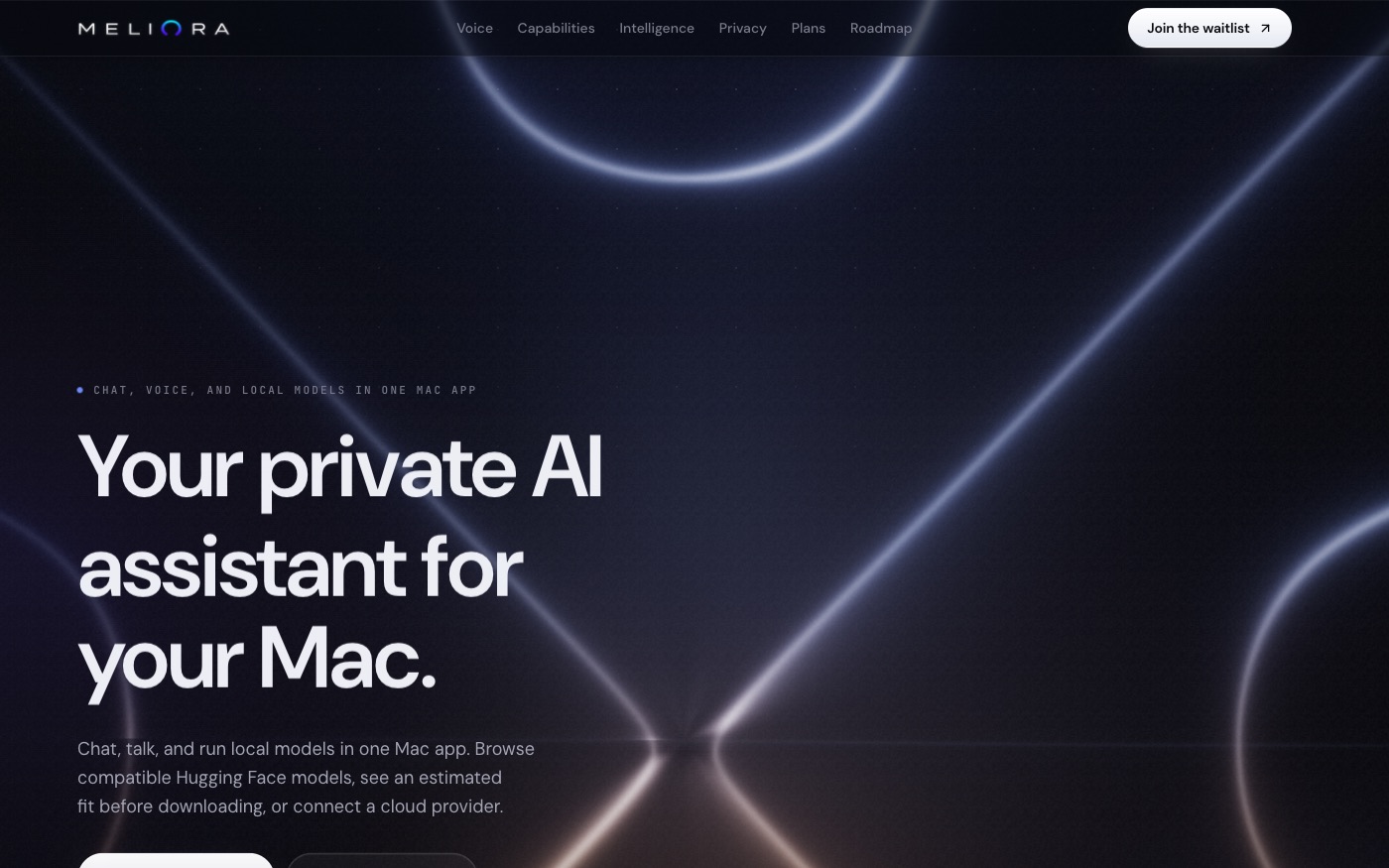 Meliora website, featuring a private AI assistant for Mac.